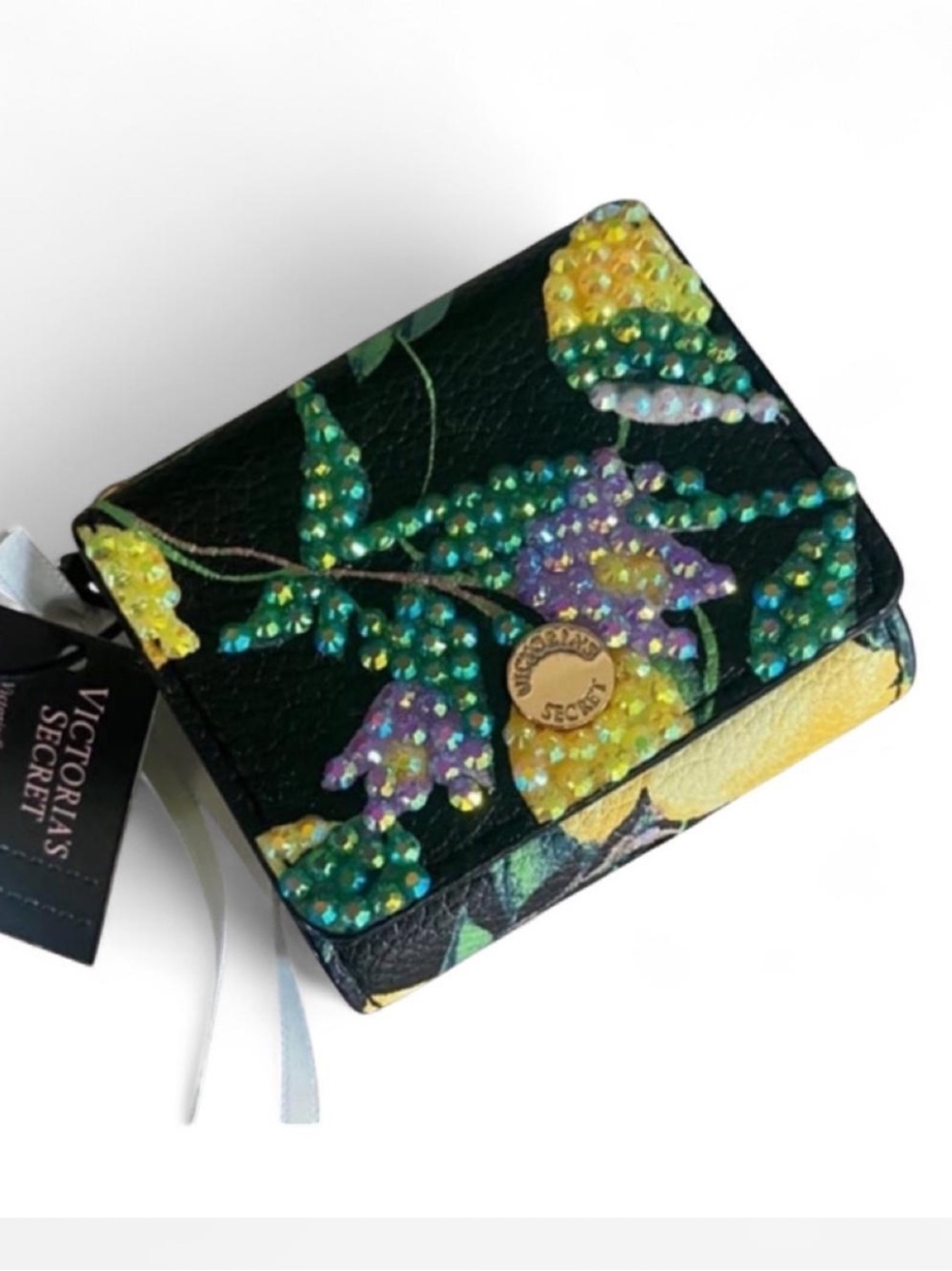 Victoria's Secret Black Floral Mini AirPod case with Yellow & Green Accents